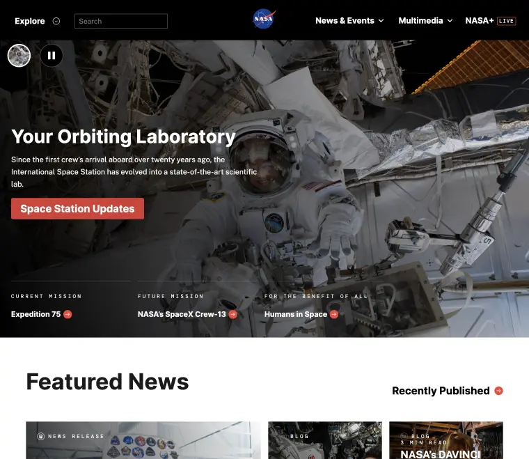 NASA website snapshot